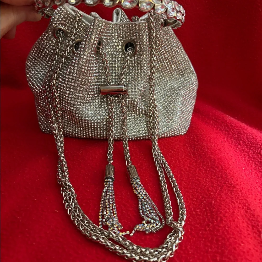 Silver Rhinestones Drawstring Mini Bucket Bag - Picture 2 of 8